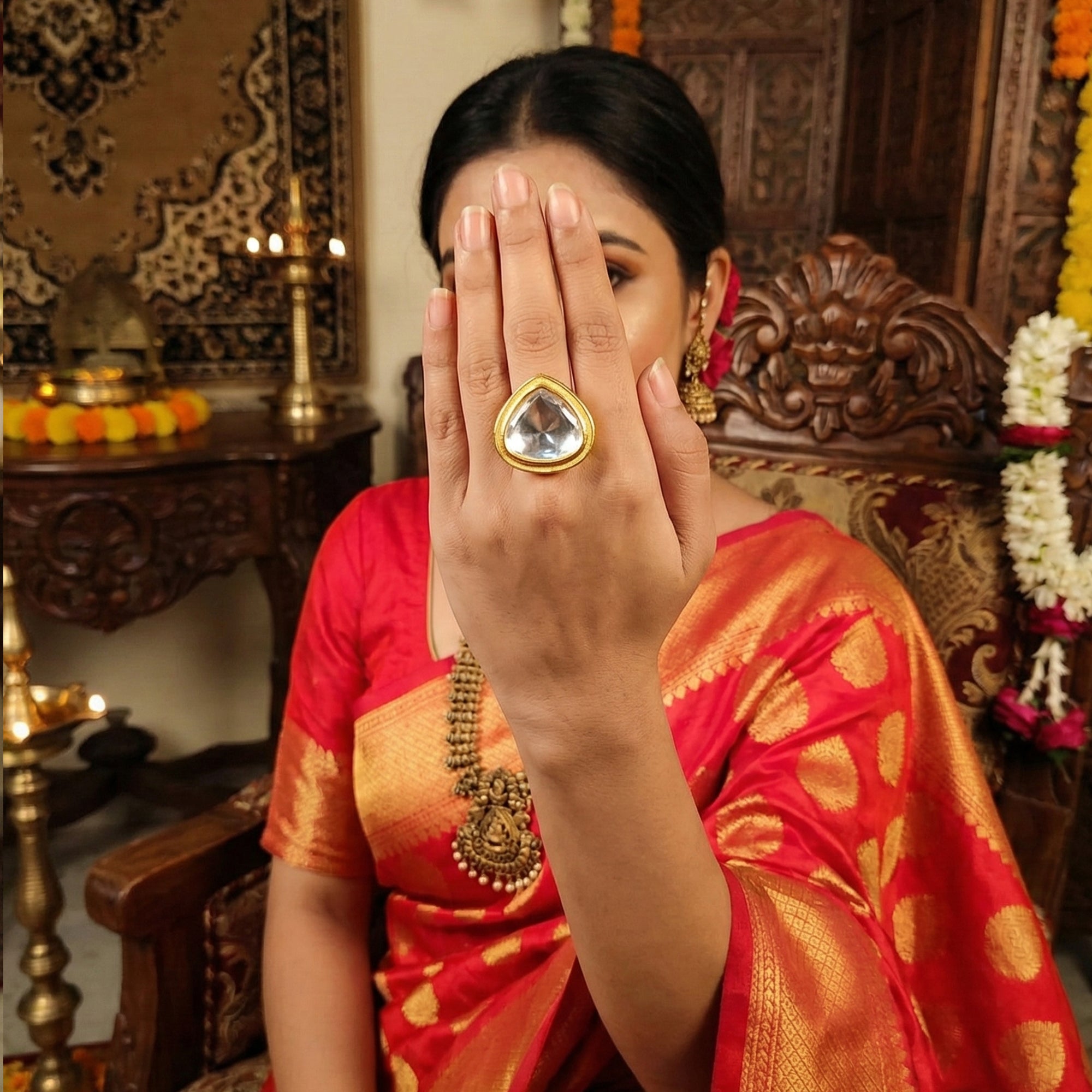 JS Fashion Kundan High Gold Polish Full Stone Designer Finger Rings for Women | Adjustable Ethnic Bridal Jewellery for Wedding, Party & Festive | Statement Ring Gift Set - Distacart