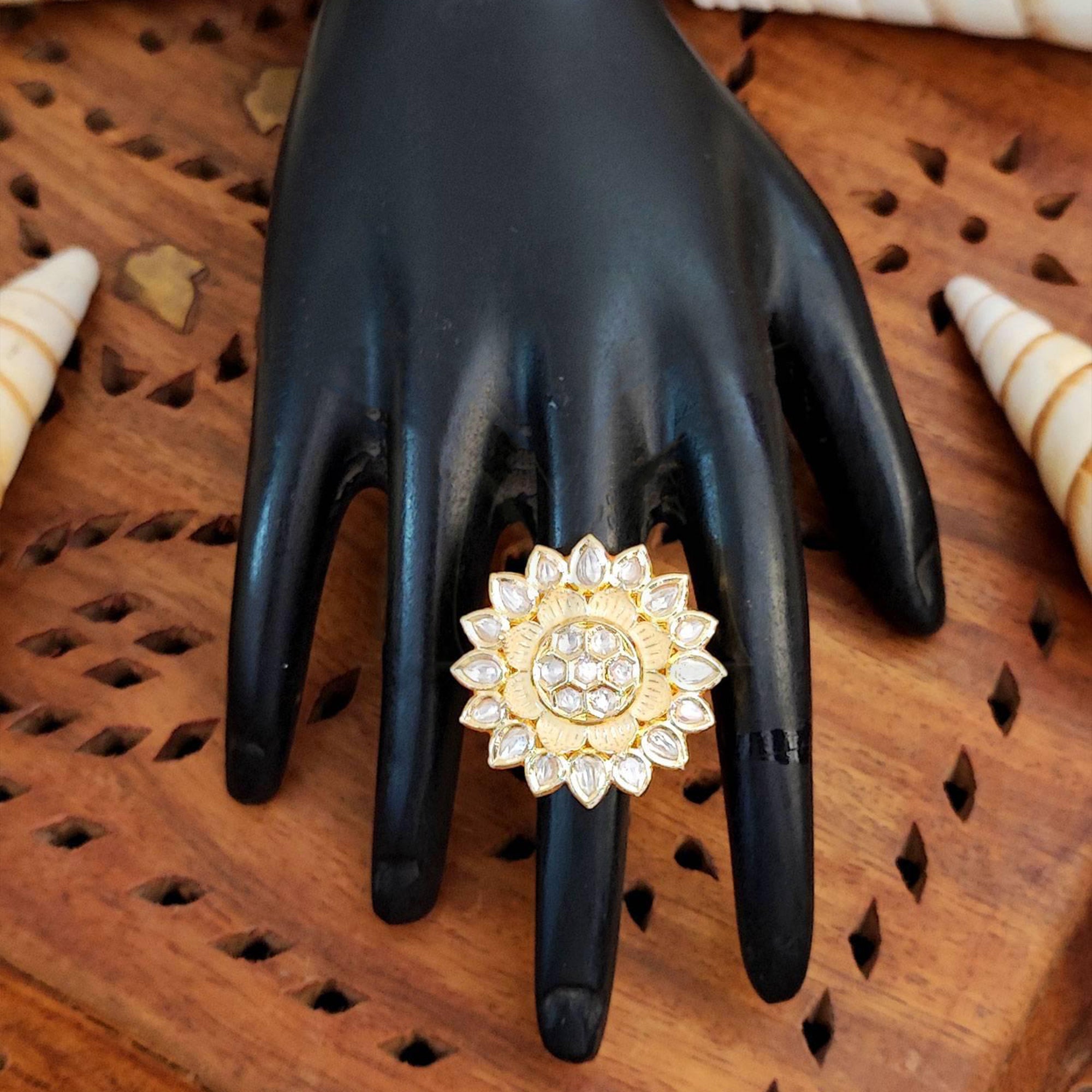 JS Fashion Beautiful Full Stone Kundan High Gold Polish Finger Rings for Women | Adjustable Royal Ethnic Bridal Jewellery for Wedding, Party & Festive | Statement Ring Gift Set - Distacart