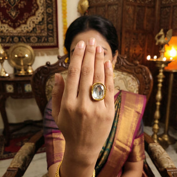 JS Fashion Beautiful High Gold Polish Full Kundan Stone Party Wear Finger Rings for Women | Adjustable Ethnic Bridal Jewellery for Wedding, Cocktail & Festive | Royal Statement Gift - Distacart