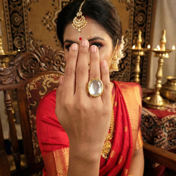 JS Fashion Beautiful Designer High Gold Full Stone Finger Rings for Women | Adjustable Ethnic Bridal Statement Jewellery for Wedding, Party & Festive | Royal Glam Ring Gift - Distacart