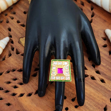 JS Fashion High Gold Square Kundan Adjustable Finger Ring for Women|Royal Square Stone Ring Gift - Distacart