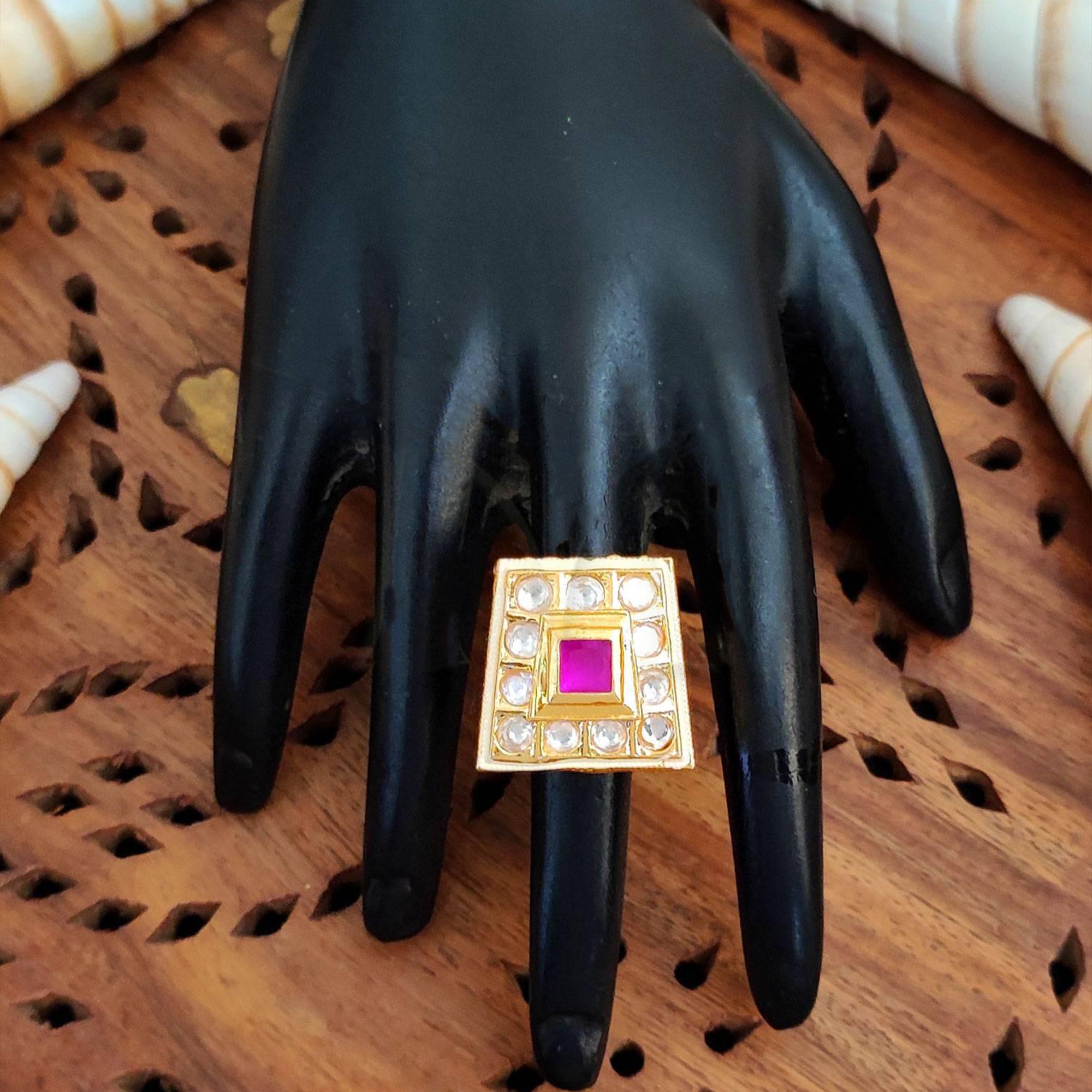 JS Fashion High Gold Square Kundan Adjustable Finger Ring for Women|Royal Square Stone Ring Gift - Distacart