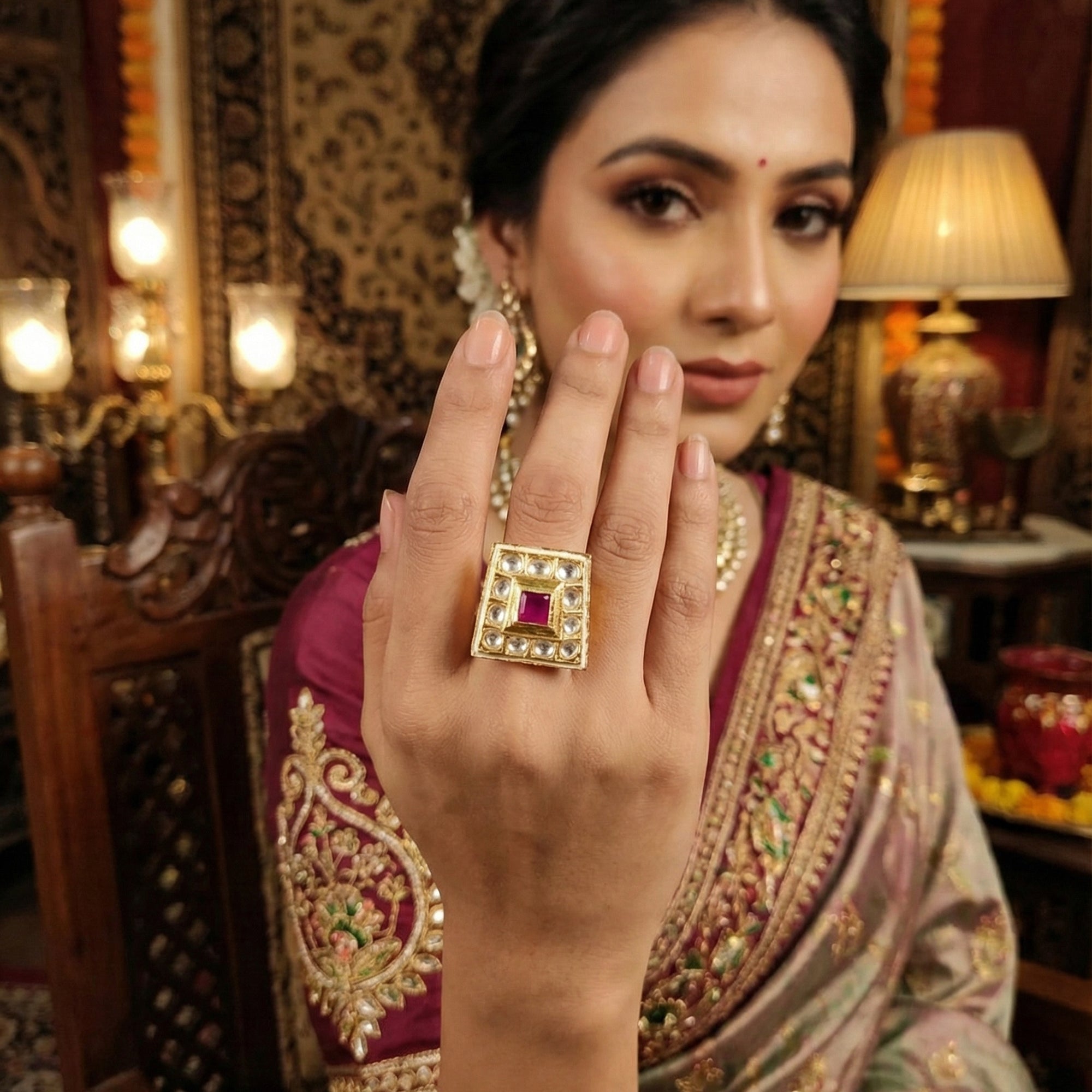 JS Fashion High Gold Square Kundan Adjustable Finger Ring for Women|Royal Square Stone Ring Gift - Distacart