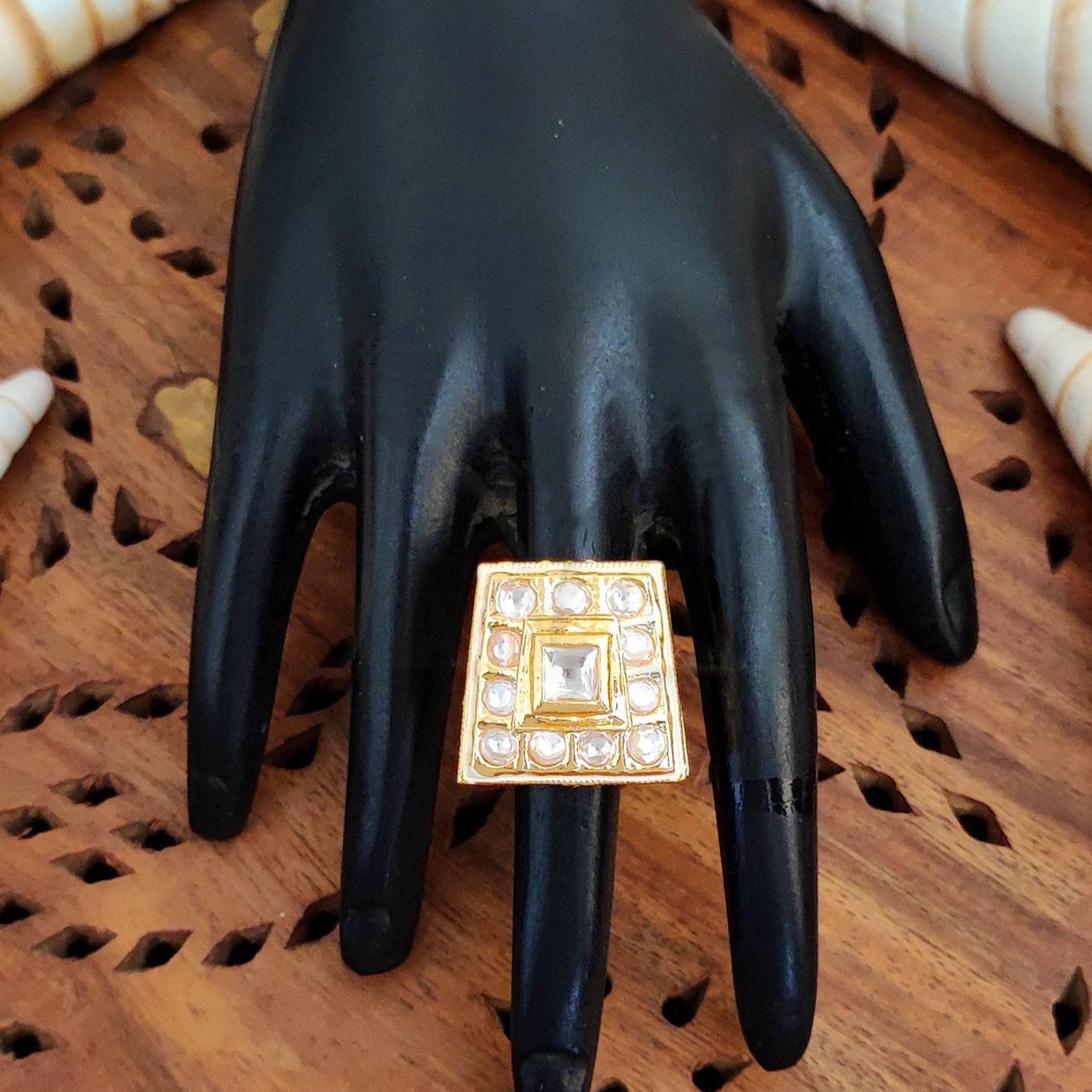 JS Fashion High Gold Square Kundan Adjustable Finger Ring for Women|Royal Square Stone Ring Gift - Distacart