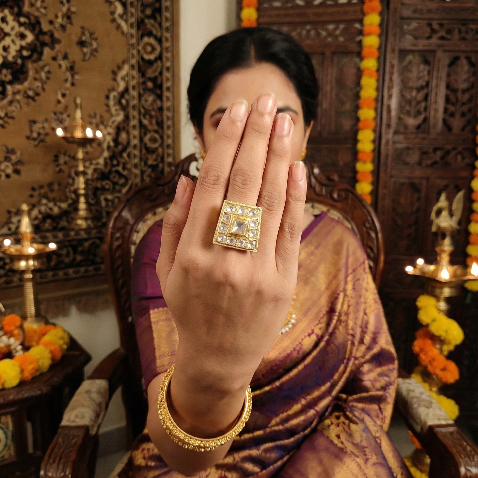 JS Fashion High Gold Square Kundan Adjustable Finger Ring for Women|Royal Square Stone Ring Gift - Distacart