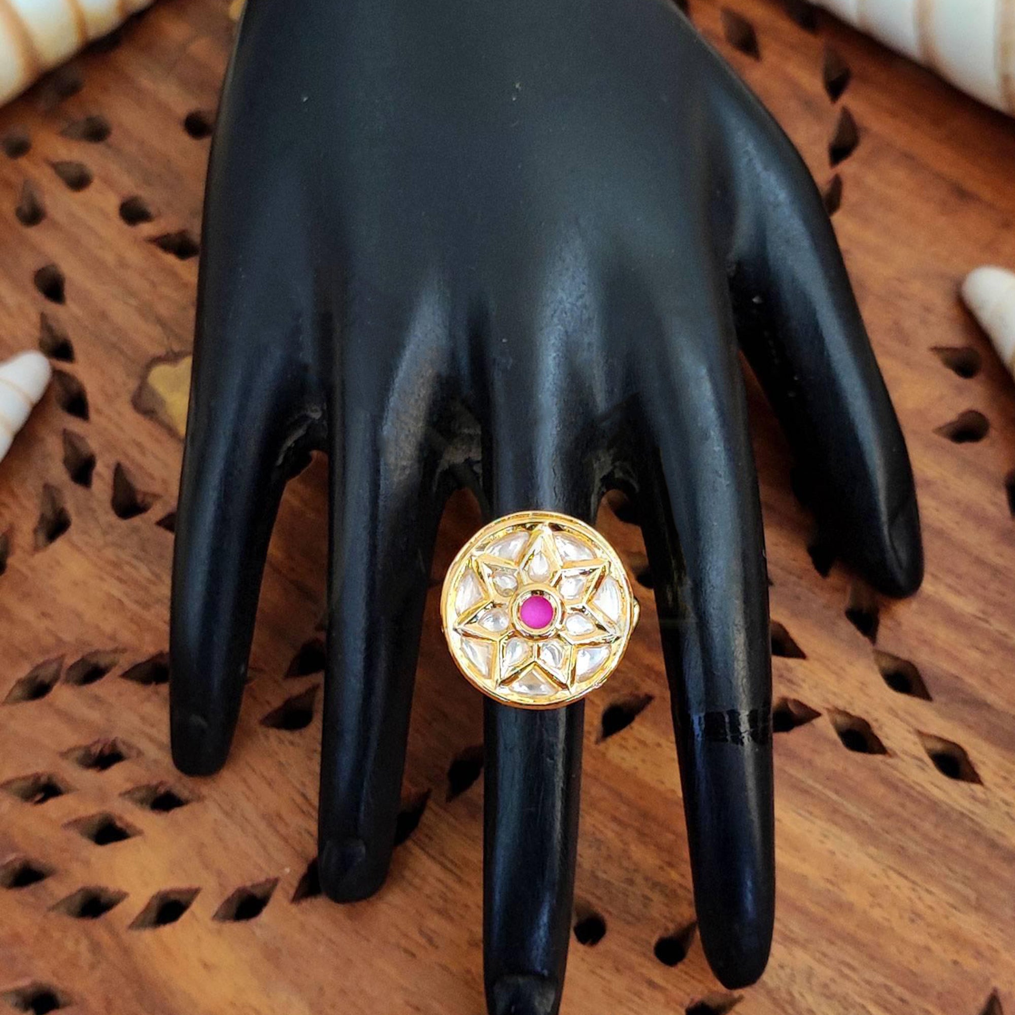 JS Fashion Kundan Design High Gold Polish Round Shape Adjustable Finger Ring for Women|Royal Round Stone Gift - Distacart