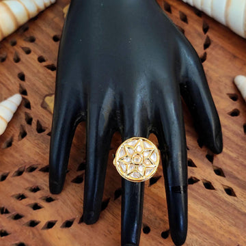 JS Fashion Kundan Design High Gold Polish Round Shape Adjustable Finger Ring for Women|Royal Round Stone Gift - Distacart