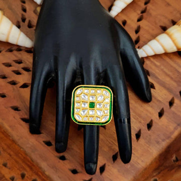JS Fashion Square Kundan Adjustable Finger Ring High Gold Finish with Multi Stone Center for Women|Royal Square Gift - Distacart