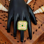 Thumbnail for JS Fashion Square Kundan Adjustable Finger Ring High Gold Finish with Multi Stone Center for Women|Royal Square Gift - Distacart