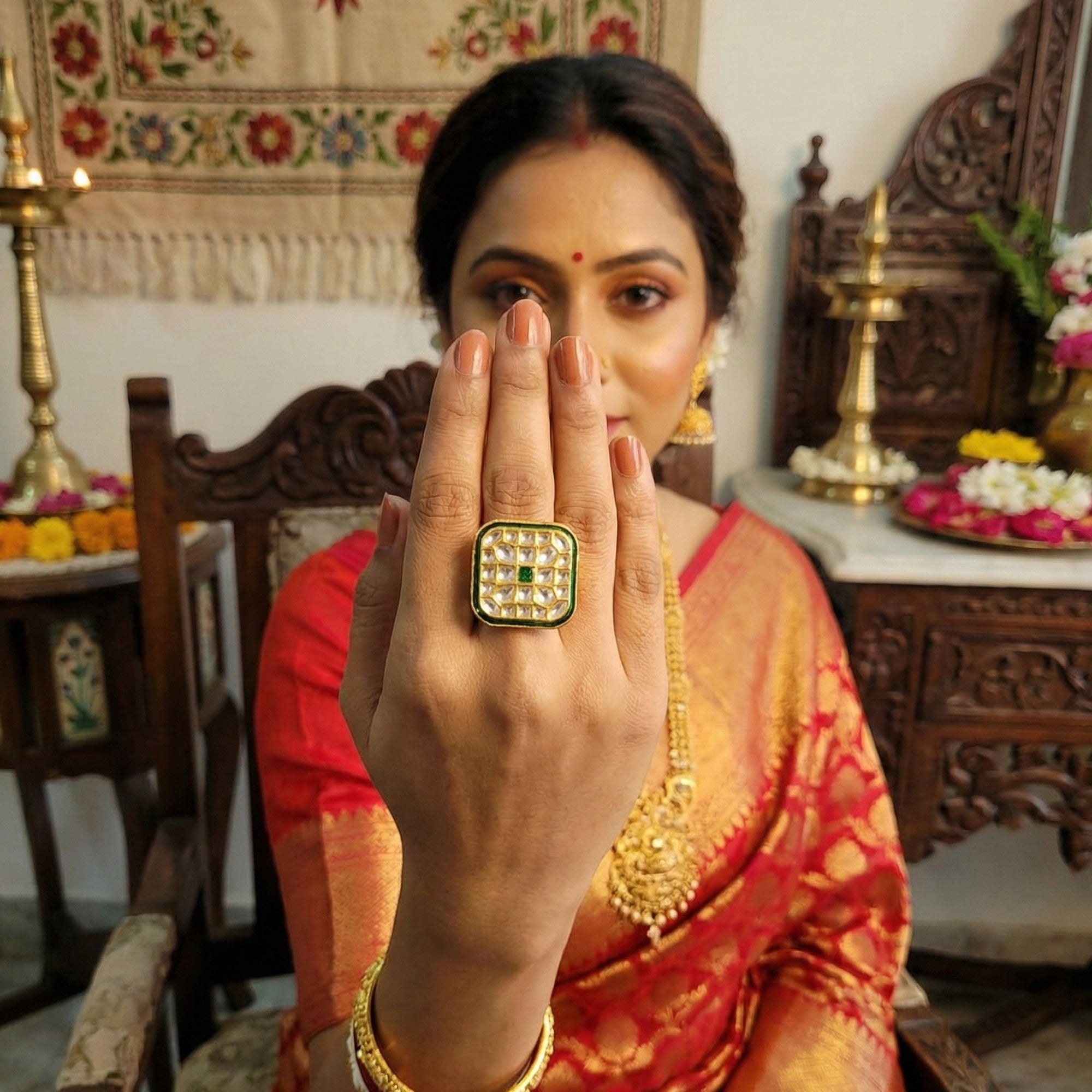 JS Fashion Square Kundan Adjustable Finger Ring High Gold Finish with Multi Stone Center for Women|Royal Square Gift - Distacart