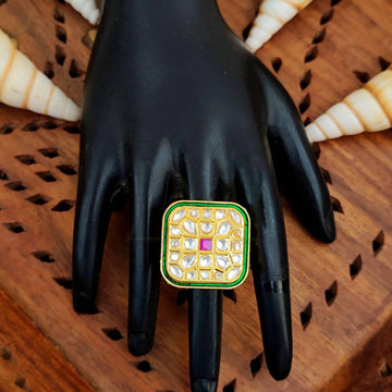 JS Fashion Square Kundan Adjustable Finger Ring High Gold Finish with Multi Stone Center for Women|Royal Square Gift - Distacart