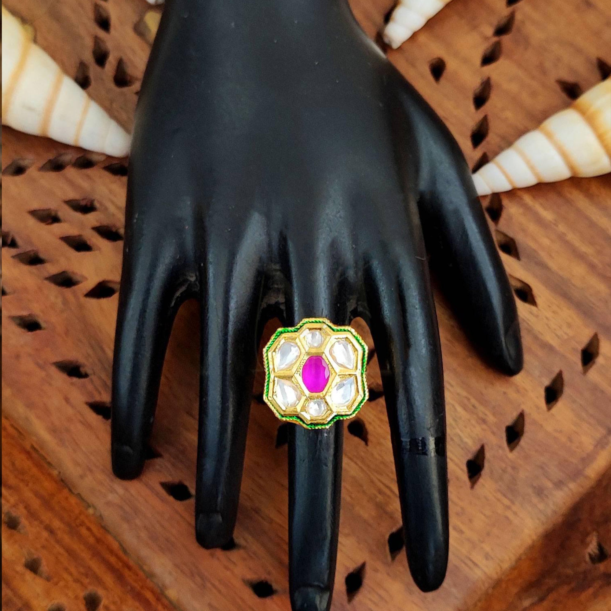 JS Fashion Floral Kundan Adjustable Finger Ring with Multi Center Stone High Gold Finish for Women|Royal Floral Gift - Distacart