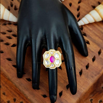 JS Fashion Floral Kundan Adjustable Finger Ring with Multi Center Stone High Gold Finish for Women|Royal Floral Gift - Distacart