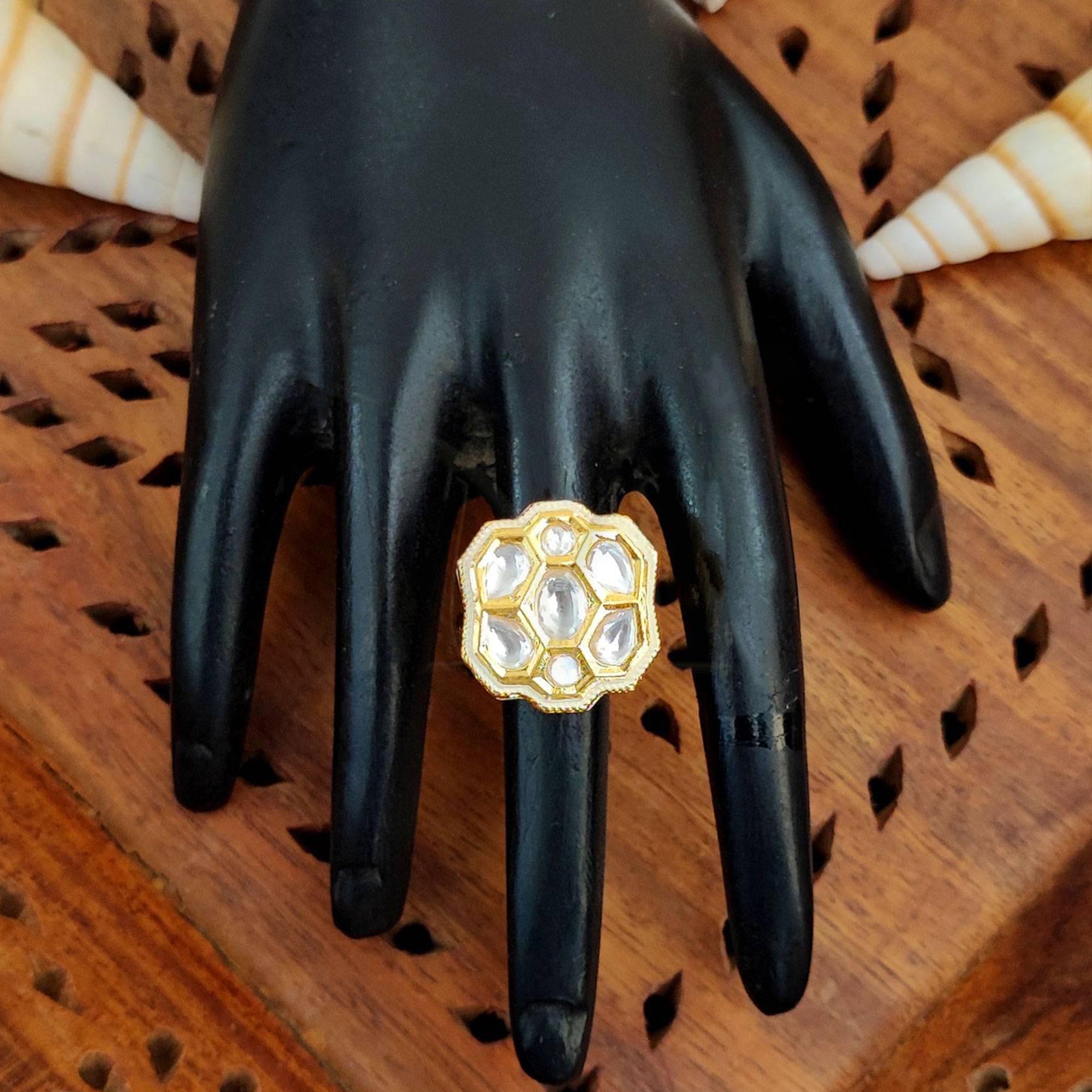 JS Fashion Floral Kundan Adjustable Finger Ring with Multi Center Stone High Gold Finish for Women|Royal Floral Gift - Distacart