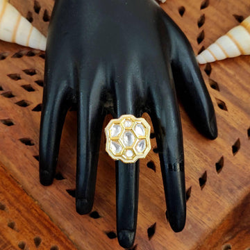 JS Fashion Floral Kundan Adjustable Finger Ring with Multi Center Stone High Gold Finish for Women|Royal Floral Gift - Distacart