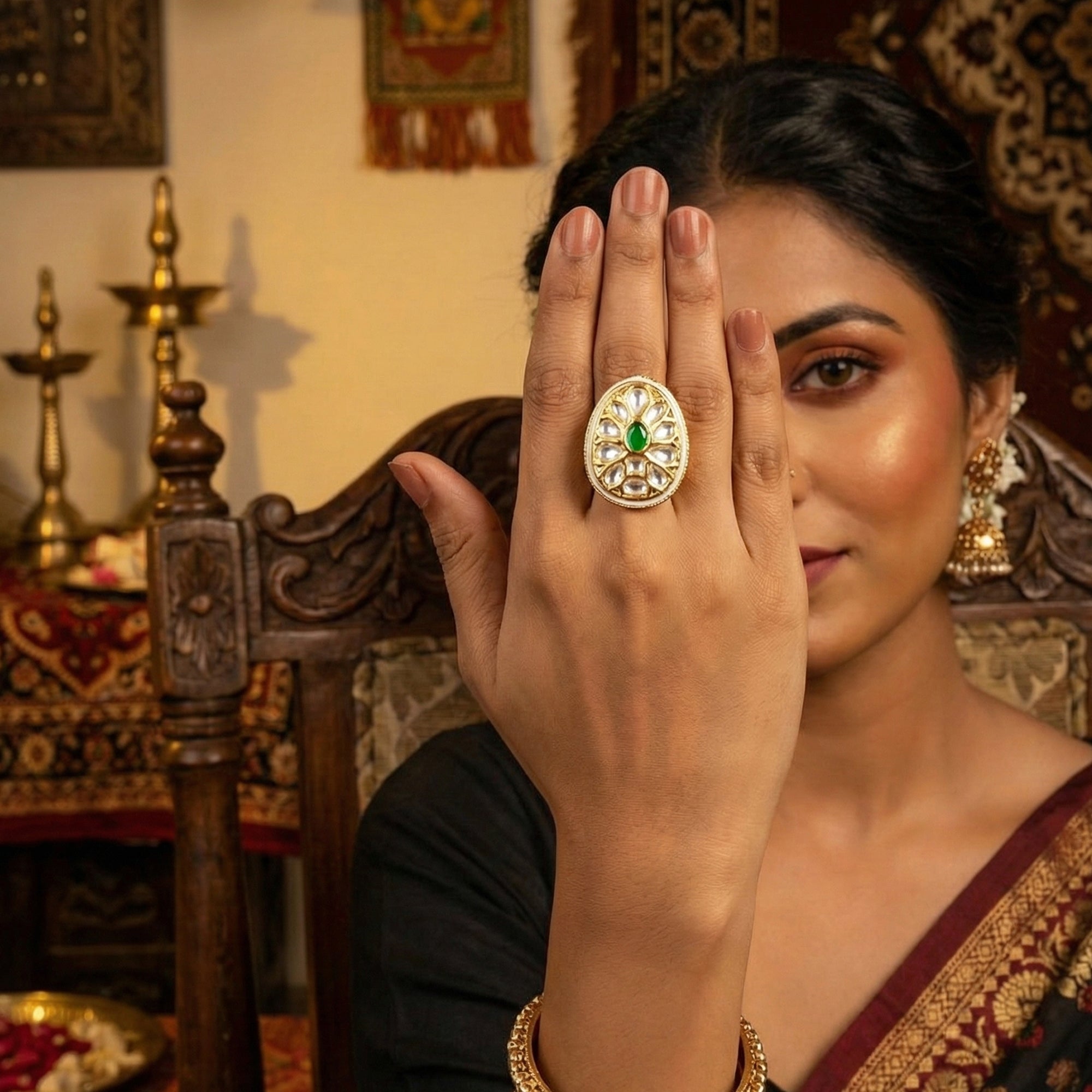 JS Fashion Teardrop Kundan Adjustable Finger Ring with Multi Center Stone High Gold Finish for Women|Elegant Drop Gift - Distacart