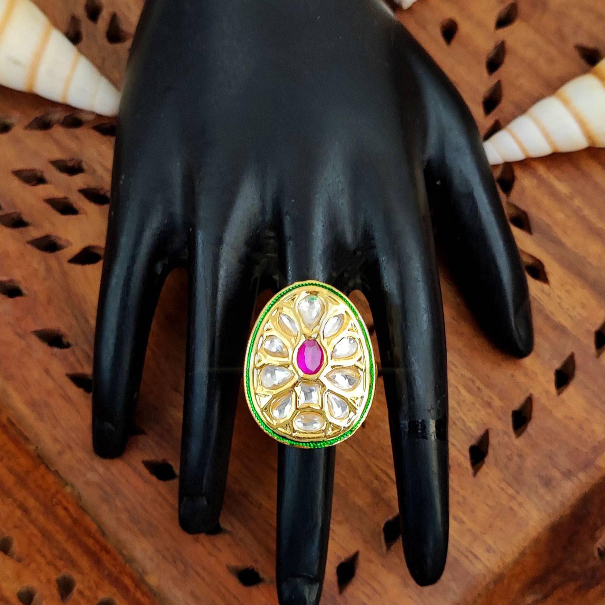 JS Fashion Teardrop Kundan Adjustable Finger Ring with Multi Center Stone High Gold Finish for Women|Elegant Drop Gift - Distacart