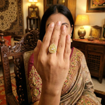 JS Fashion Elegant High Gold Kundan Finger Ring Festive Wear for Women | Adjustable Ethnic Bridal Statement Jewellery for Diwali, Wedding & Party | Sophisticated Royal Gift - Distacart