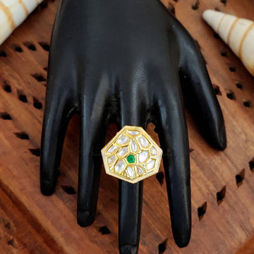 JS Fashion Classic Kundan Finger Ring High Gold Finish Adjustable for Women|Traditional Statement Ring Gift - Distacart
