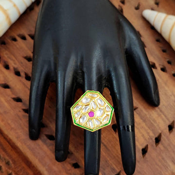 JS Fashion Classic Kundan Finger Ring High Gold Finish Adjustable for Women|Traditional Statement Ring Gift - Distacart