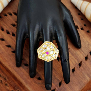 JS Fashion Classic Kundan Finger Ring High Gold Finish Adjustable for Women|Traditional Statement Ring Gift - Distacart