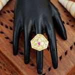Thumbnail for JS Fashion Classic Kundan Finger Ring High Gold Finish Adjustable for Women|Traditional Statement Ring Gift - Distacart