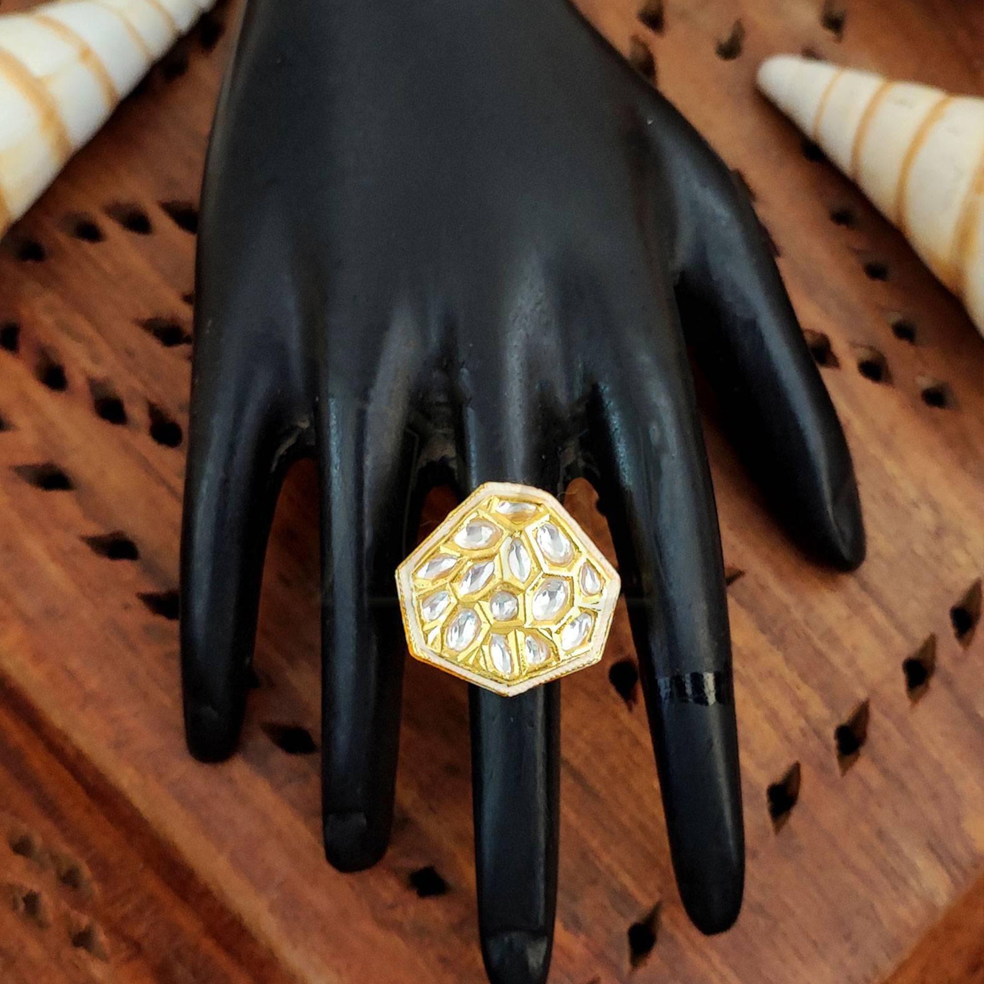 JS Fashion Classic Kundan Finger Ring High Gold Finish Adjustable for Women|Traditional Statement Ring Gift - Distacart