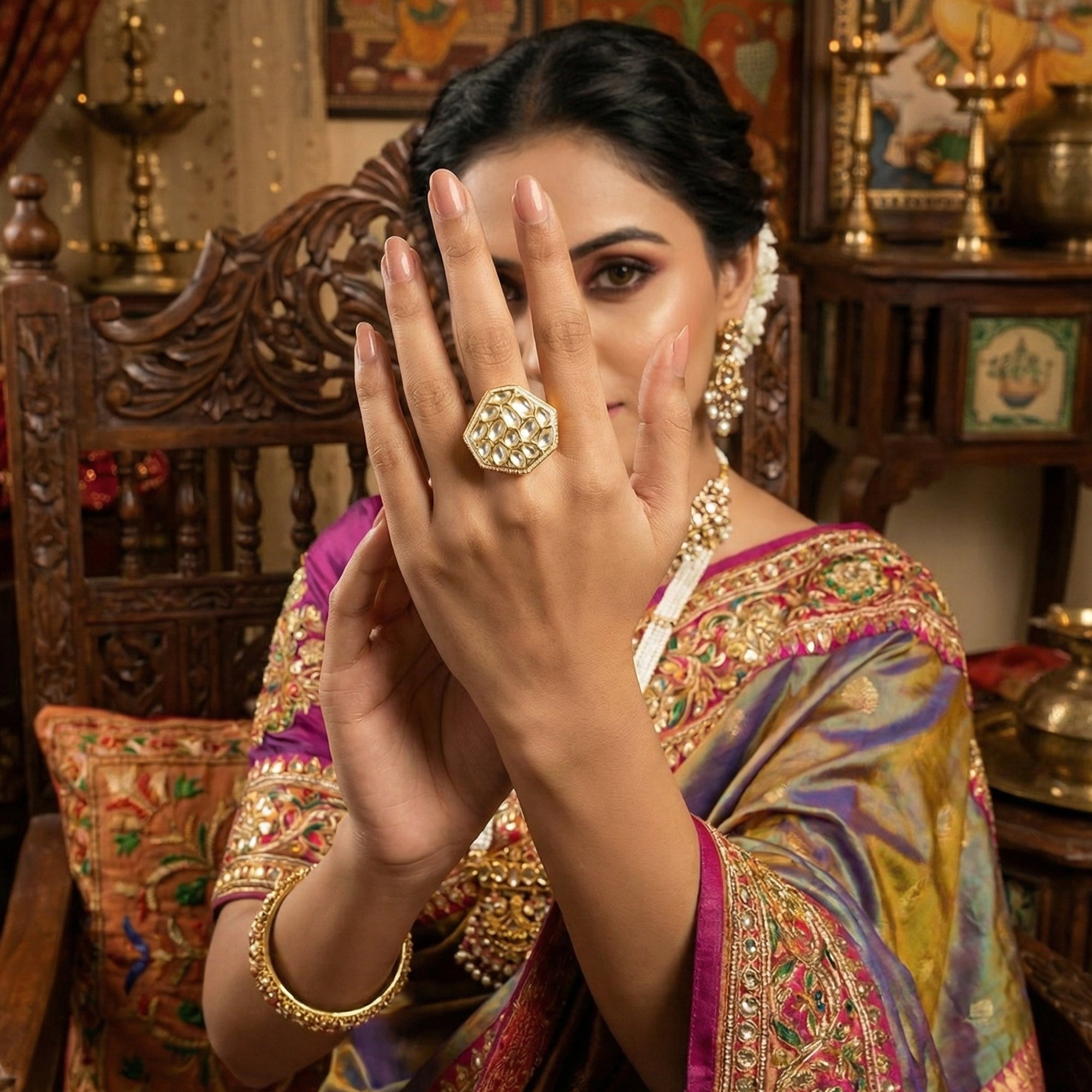 JS Fashion Classic Kundan Finger Ring High Gold Finish Adjustable for Women|Traditional Statement Ring Gift - Distacart