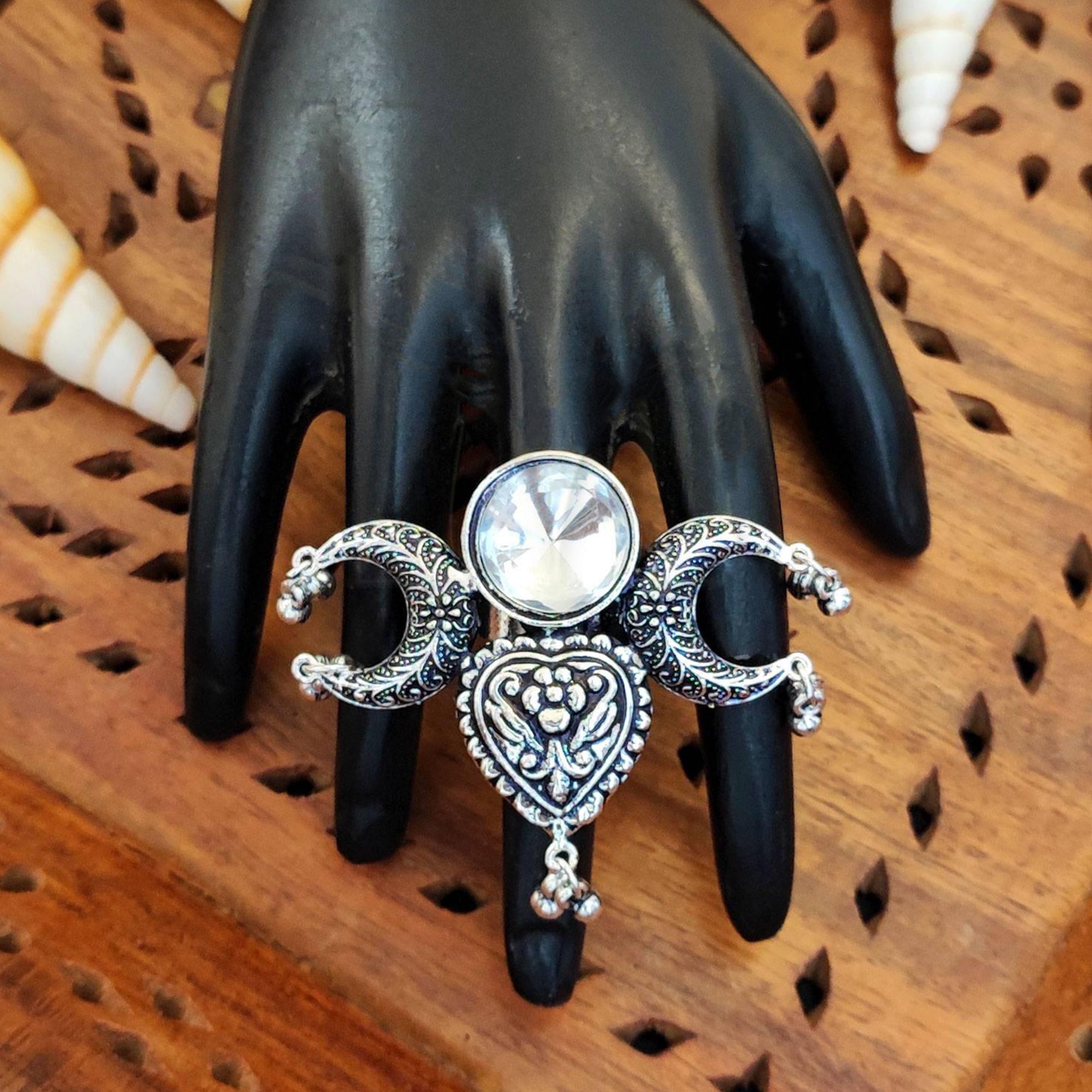 JS Fashion Antique Oxidized Silver Finger Ring with Drop Charm for Women | Adjustable Bohemian Ethnic Statement Jewellery for Party, Wedding & Festive | Vintage Dangler Ring Gift - Distacart