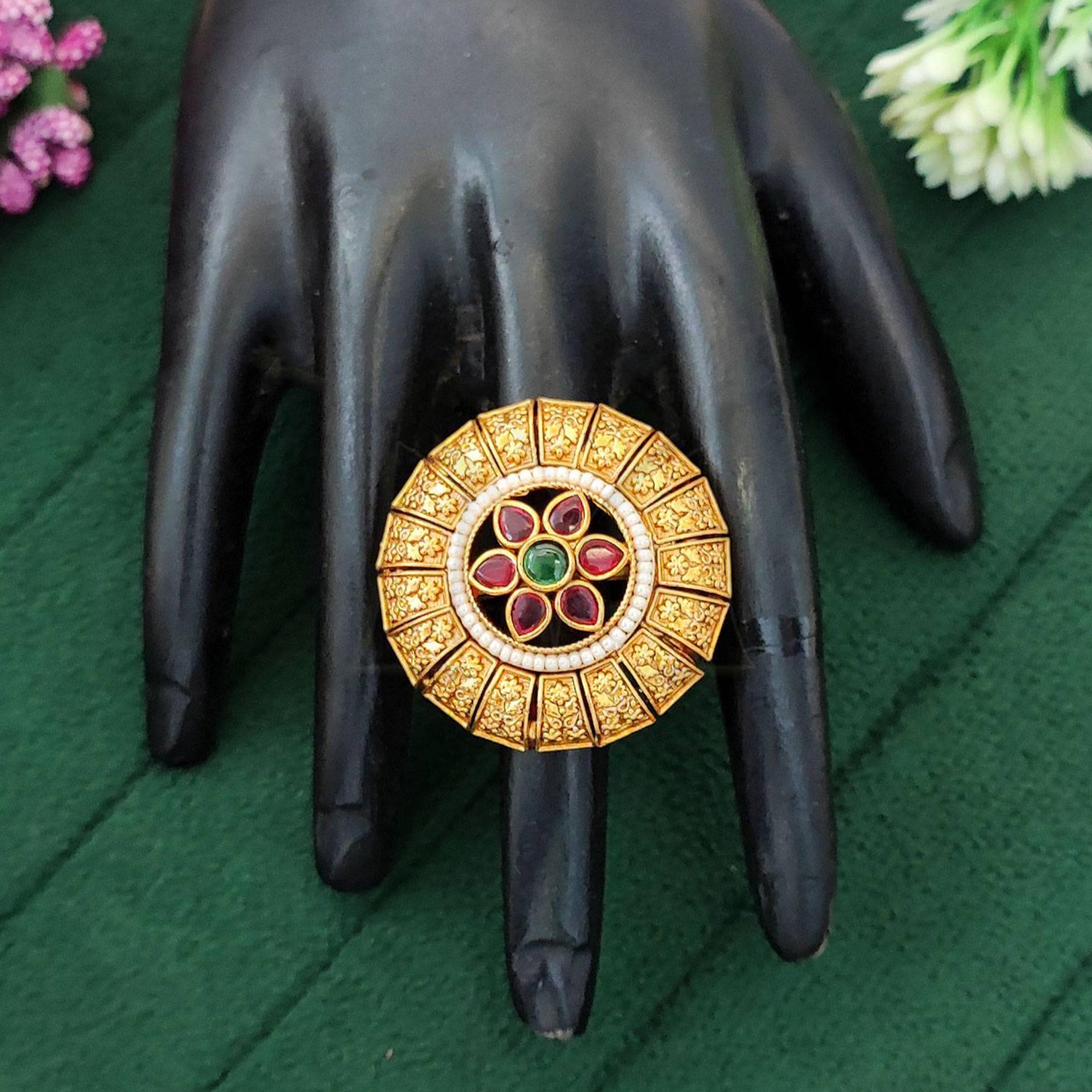 JS Fashion Antique Design High Gold Polish Finger Rings for Women | Adjustable Ethnic Statement Jewellery for Wedding, Party & Festive | Vintage Royal Ring Gift Set - Distacart