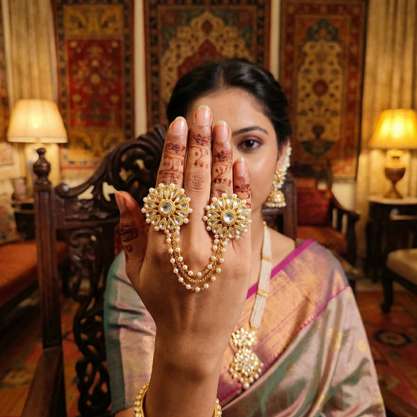 JS Fashion Antique Pearl Designer Double Finger Ring for Women | Vintage Gold Polish Ethnic Statement Ring for Wedding, Party & Festive | Adjustable Boho Jewellery Gift - Distacart