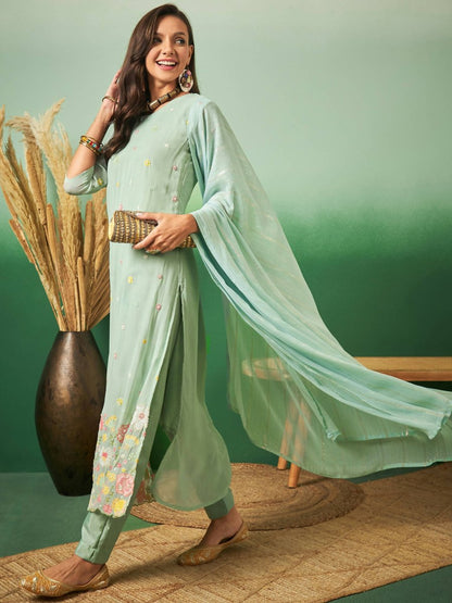 Aqua Blue Georgette Handwork Unstitched Dress Material - Hanika - Distacart