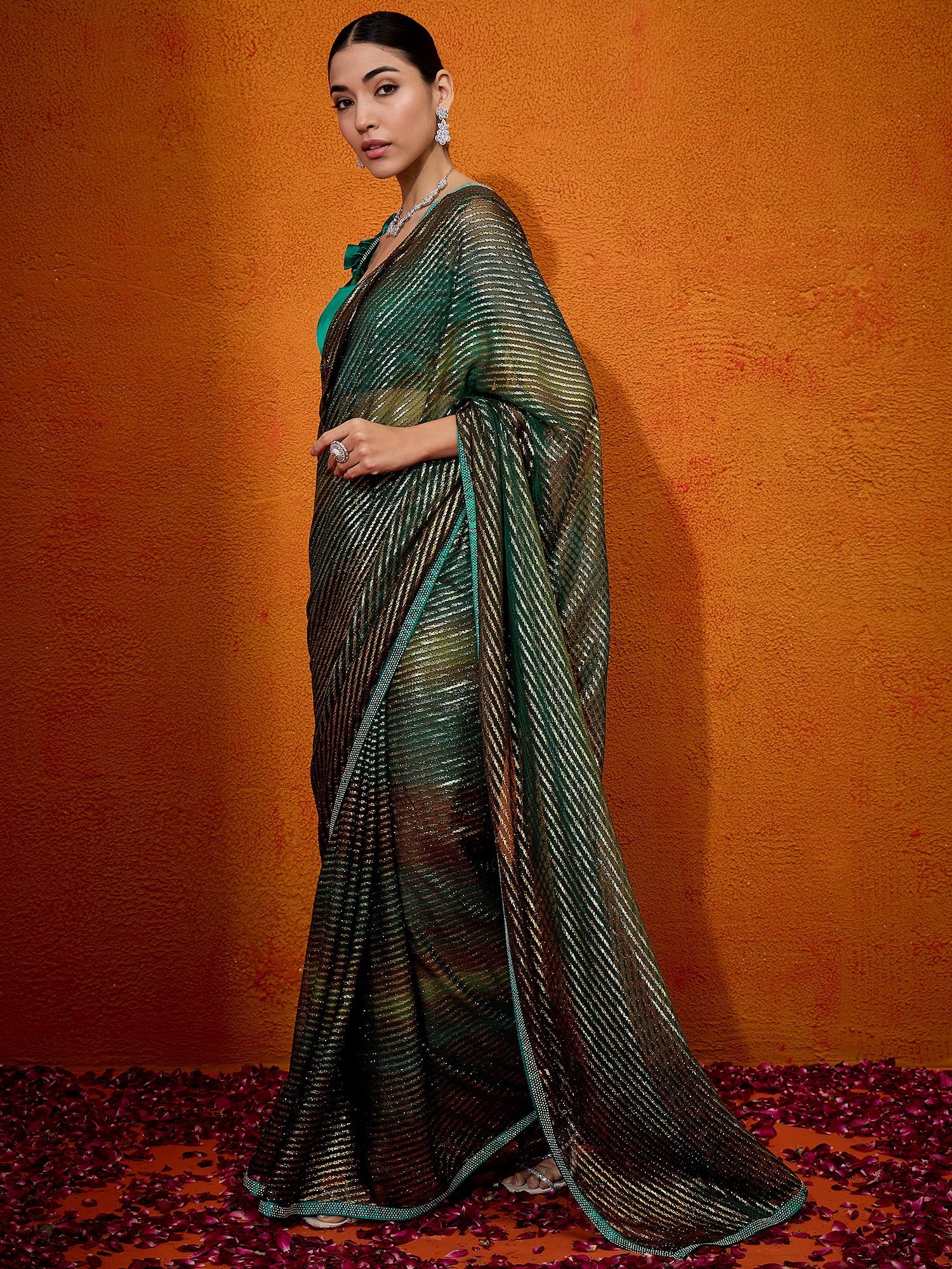 NOZ2TOZ Women's Georgette Teal green Embellished Designer Saree With Blouse Piece - Distacart