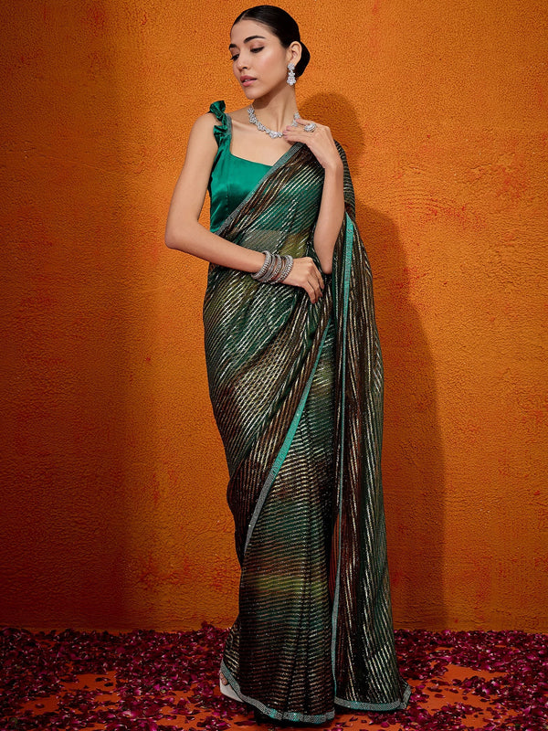 NOZ2TOZ Women's Georgette Teal green Embellished Designer Saree With Blouse Piece - Distacart