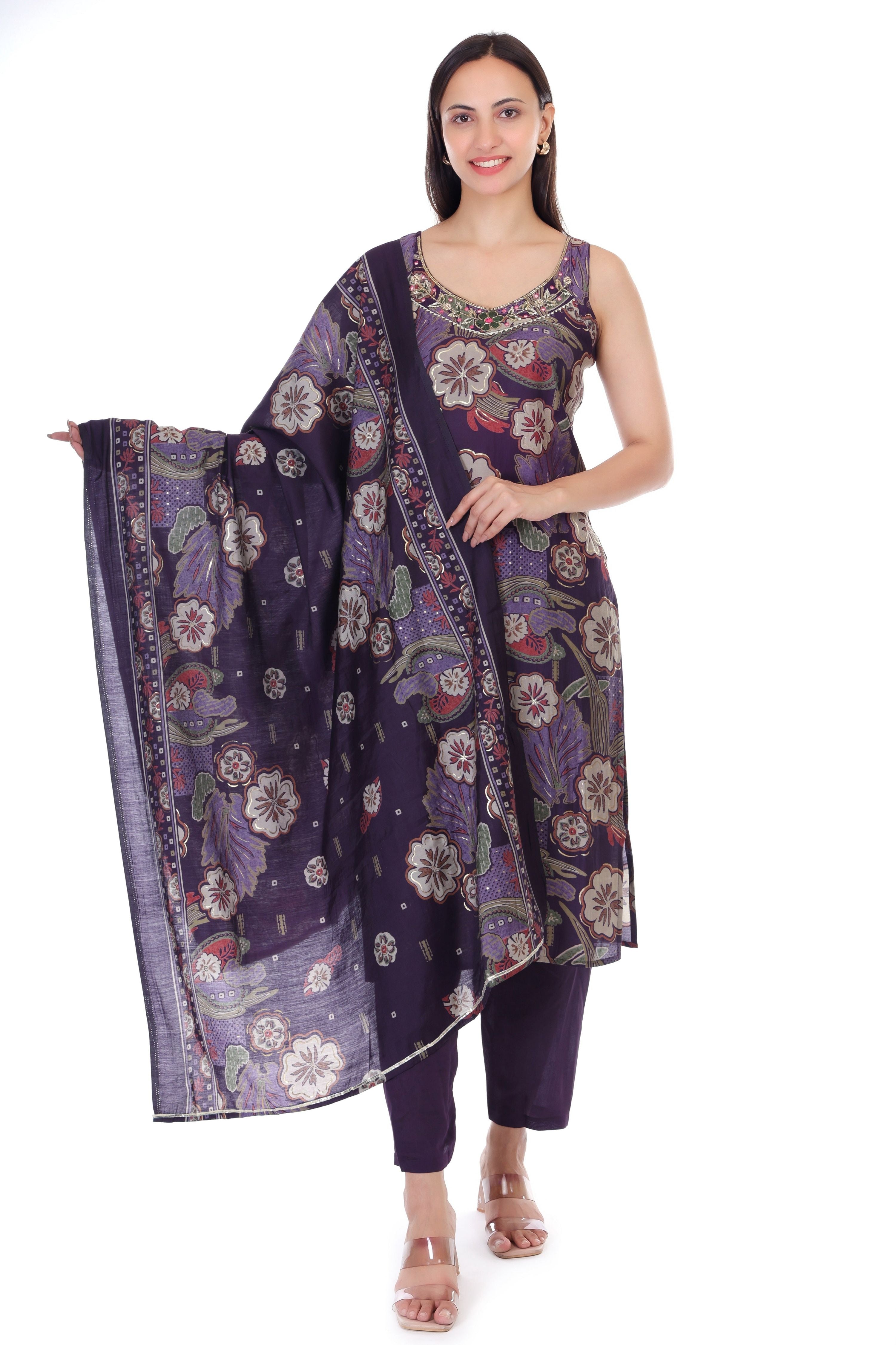 Jaitra Apparels Purple Embroidered Muslin Fabric Kurta Set With Dupatta