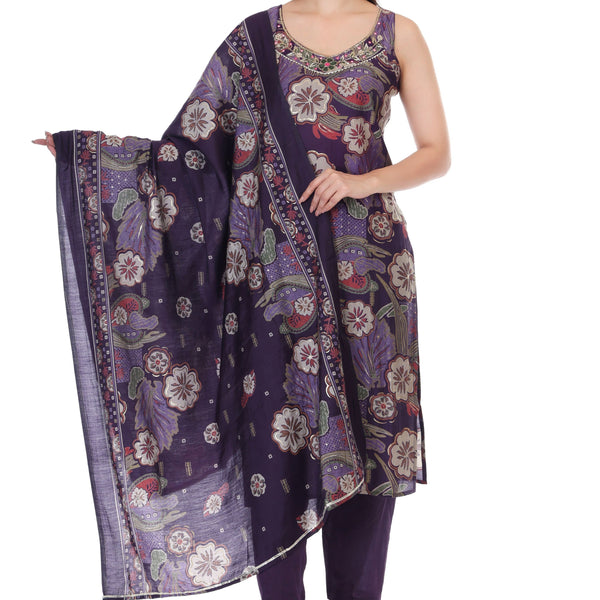 Jaitra Apparels Purple Embroidered Muslin Fabric Kurta Set With Dupatta - Distacart