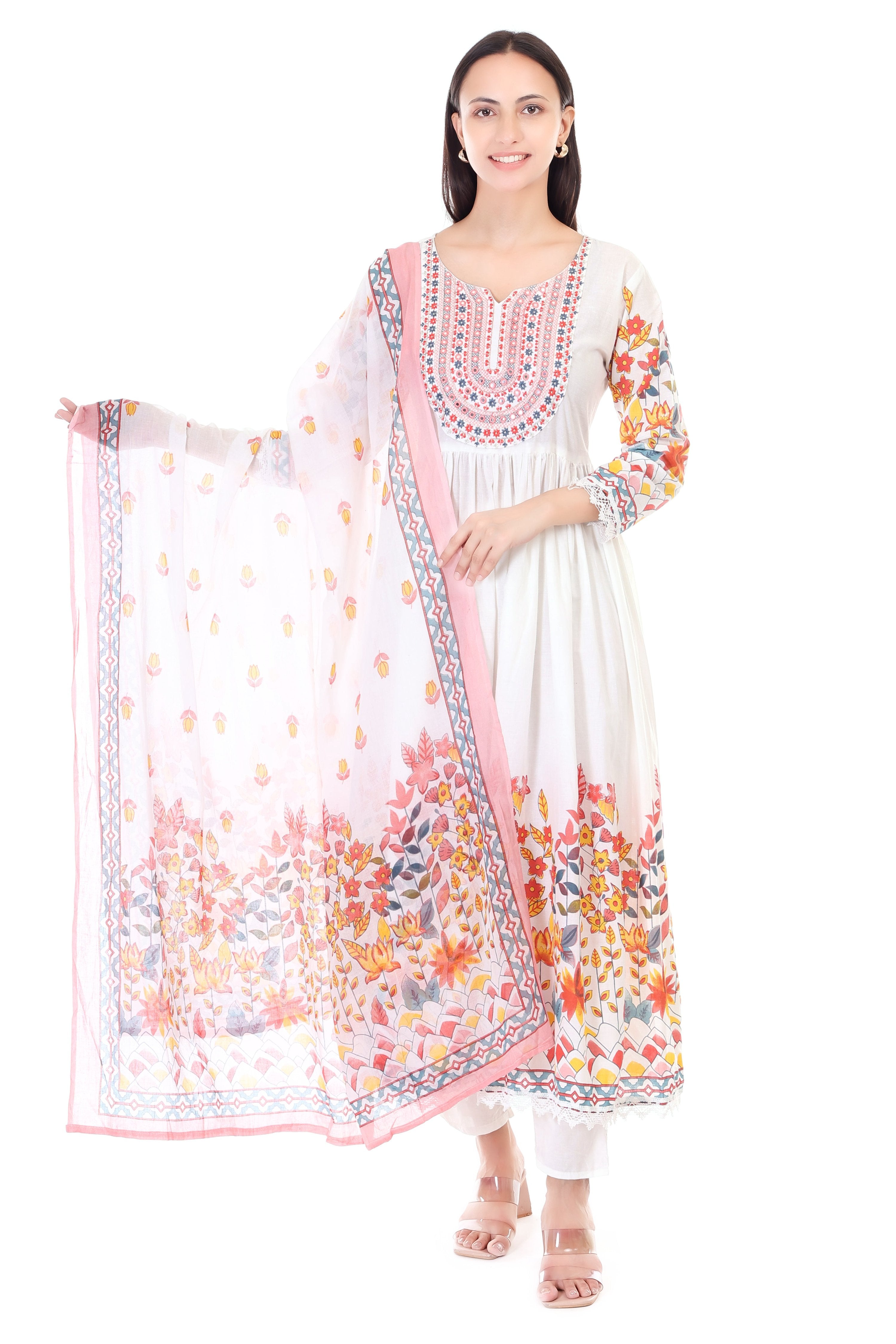 Jaitra Apparels Off White Embroidered Pure Cotton Kurta Set With Dupatta