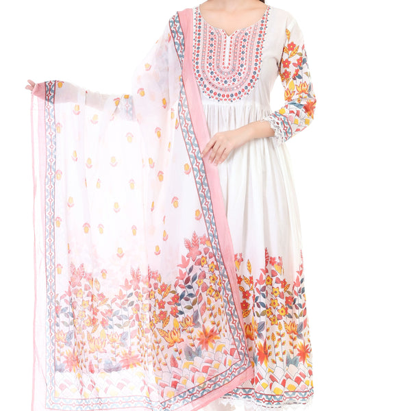 Jaitra Apparels Off White Embroidered Pure Cotton Kurta Set With Dupatta - Distacart