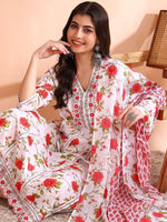 Thumbnail for Ode by House of Pataudi Thread Work Pure Cotton Anarkali Kurta with Trousers & Dupatta - Distacart