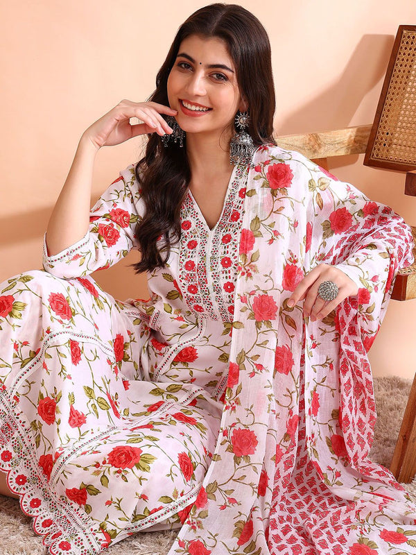 Ode by House of Pataudi Thread Work Pure Cotton Anarkali Kurta with Trousers & Dupatta - Distacart