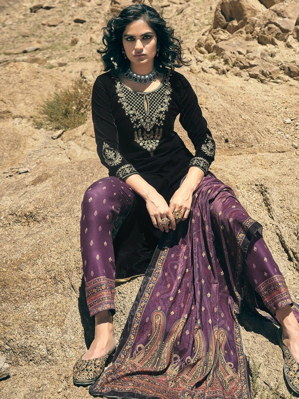 Aastha Fashion Women's Black Velvet Embroidered Kurta with Trouser & Dupatta - Distacart