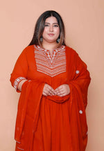 Thumbnail for Miravan Womens Plus Size Floral Embroidered Rust Straight Cotton Kurta & Palazzo With Dupatta Set - Distacart