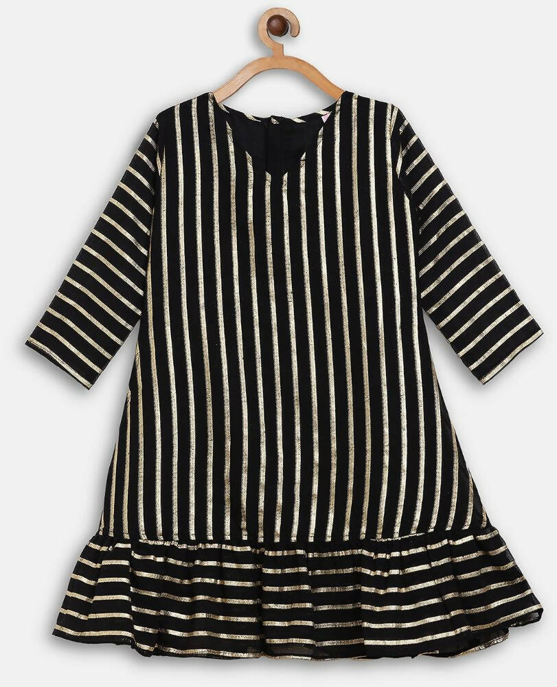 Ahalyaa Black Georgette Stripped Gold Printed Kids Kurta Pant Set For Girls - Distacart