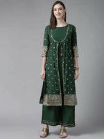 Thumbnail for Ahalyaa Womens Dark Green Chanderi Gold Foil Printed Kurta Palazzo Set - Distacart