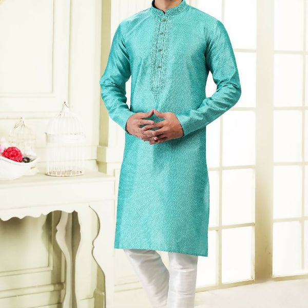 Raivat Ethnic Jacquard Banarasi Silk Thread Work Kurta Pajama In Teal Green Colour - Distacart