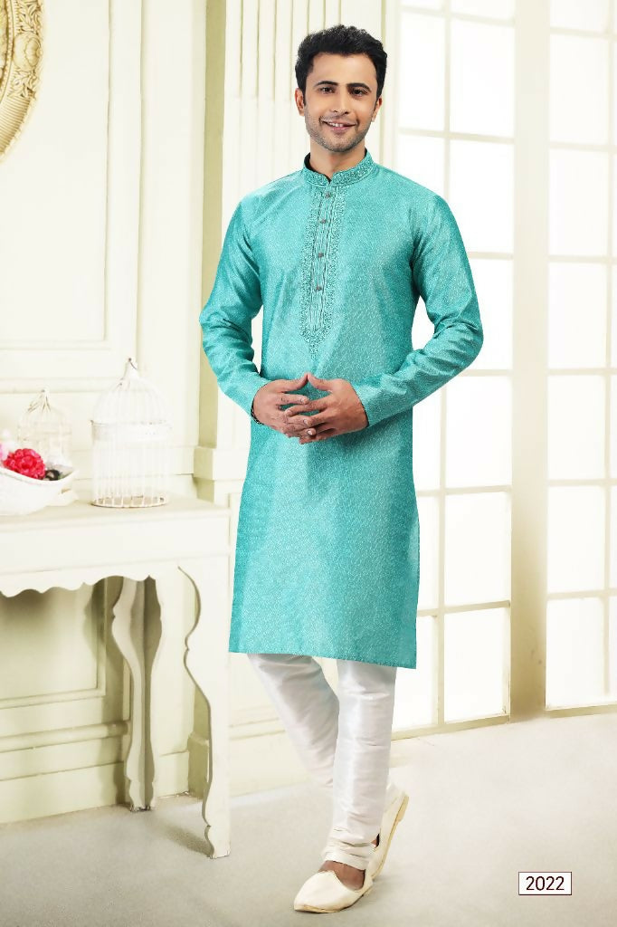 Raivat Ethnic Jacquard Banarasi Silk Thread Work Kurta Pajama In Teal Green Colour - Distacart