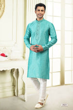 Thumbnail for Raivat Ethnic Jacquard Banarasi Silk Thread Work Kurta Pajama In Teal Green Colour - Distacart