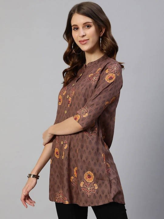 Anubhutee Brown & Yellow Floral Foil Printed Kurti - Distacart