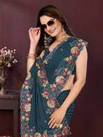 Thumbnail for Ai Fashion Teal Soft Star Georgette Embroidery Party Wear Saree