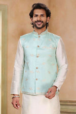 Thumbnail for Raivat Ethnic Jacquard Banarasi Silk Woven Work 3 Pics Jacket Set In Pista Green Colour - Distacart